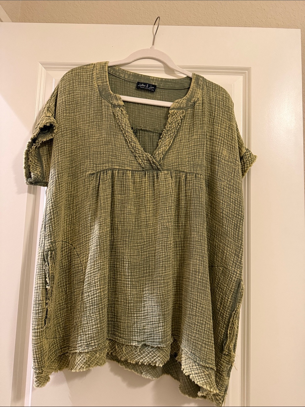 Leather & Lace Textured Olive Green V-Neck Peasant Blouse